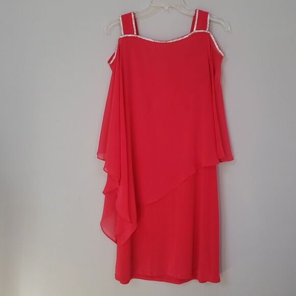 Glamour Nights Dress sz 6 Rhinestone Trim Cold Shoulder Sheer Asymmetric Modest - Picture 2 of 5